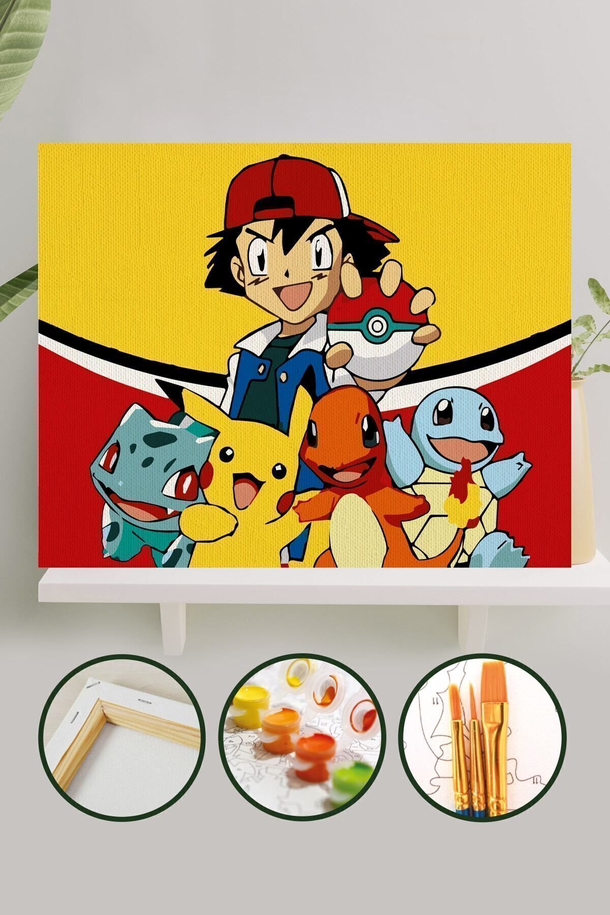 Sayılarla Boyama Tuval Seti Fırça Boya Dahil (Çıtalı) 40x50 CM - Pokemon
