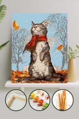 Sayılarla Boyama Tuval Seti Fırça Boya Dahil (çıtalı) 40x50 Cm - Kedi Ve Sonbahar