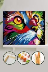 Sayılarla Boyama Tuval Seti Fırça Boya Dahil (çıtalı) 40x50 Cm - Renkli Kedi