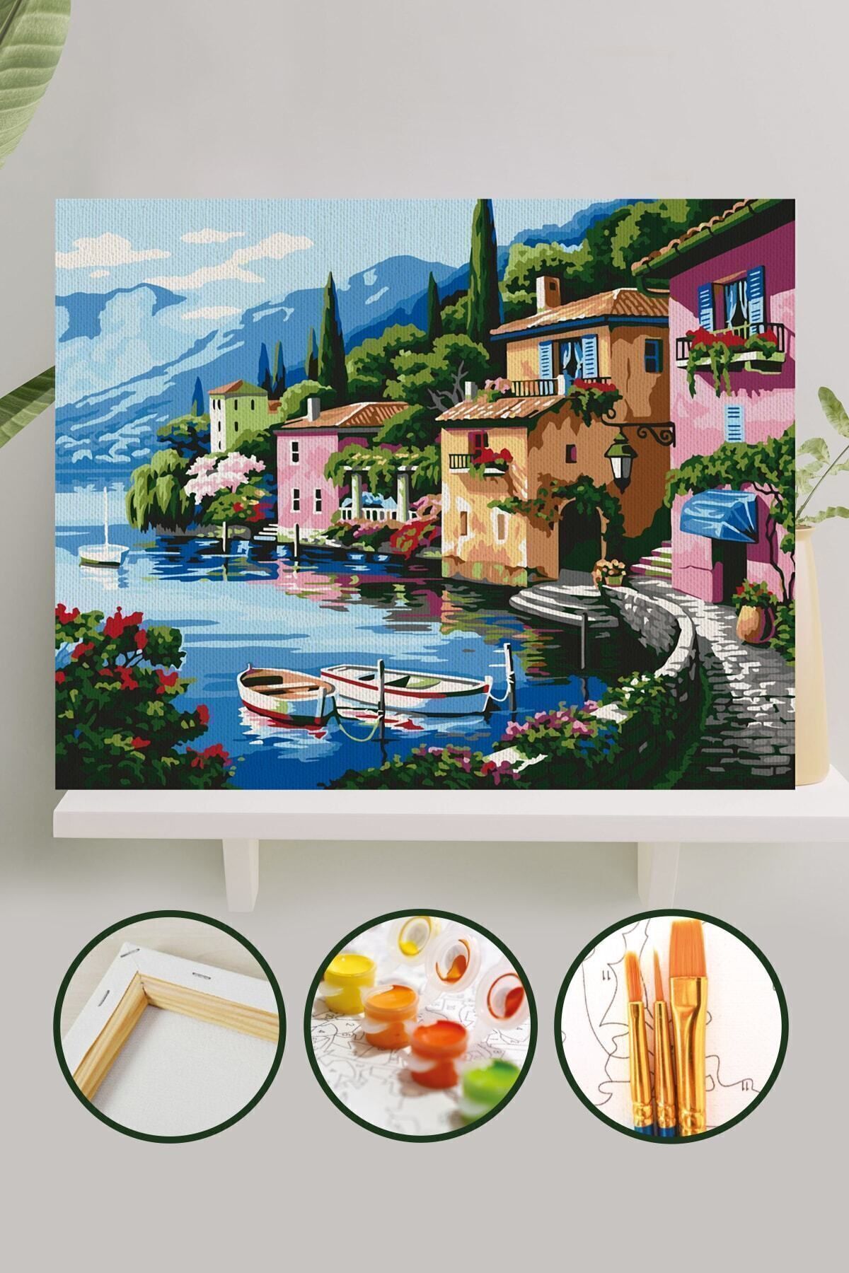 Sayılarla Boyama Tuval Seti Fırça Boya Dahil (çıtalı) 40x50 Cm - Deniz Evler