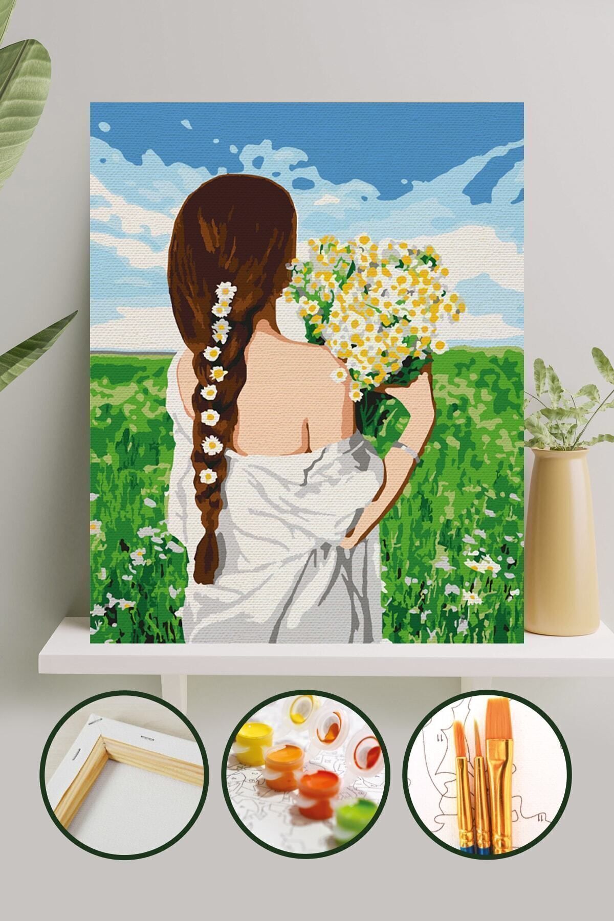 Sayılarla Boyama Tuval Seti Fırça Boya Dahil (çıtalı) 40x50 Cm - Papatyalar