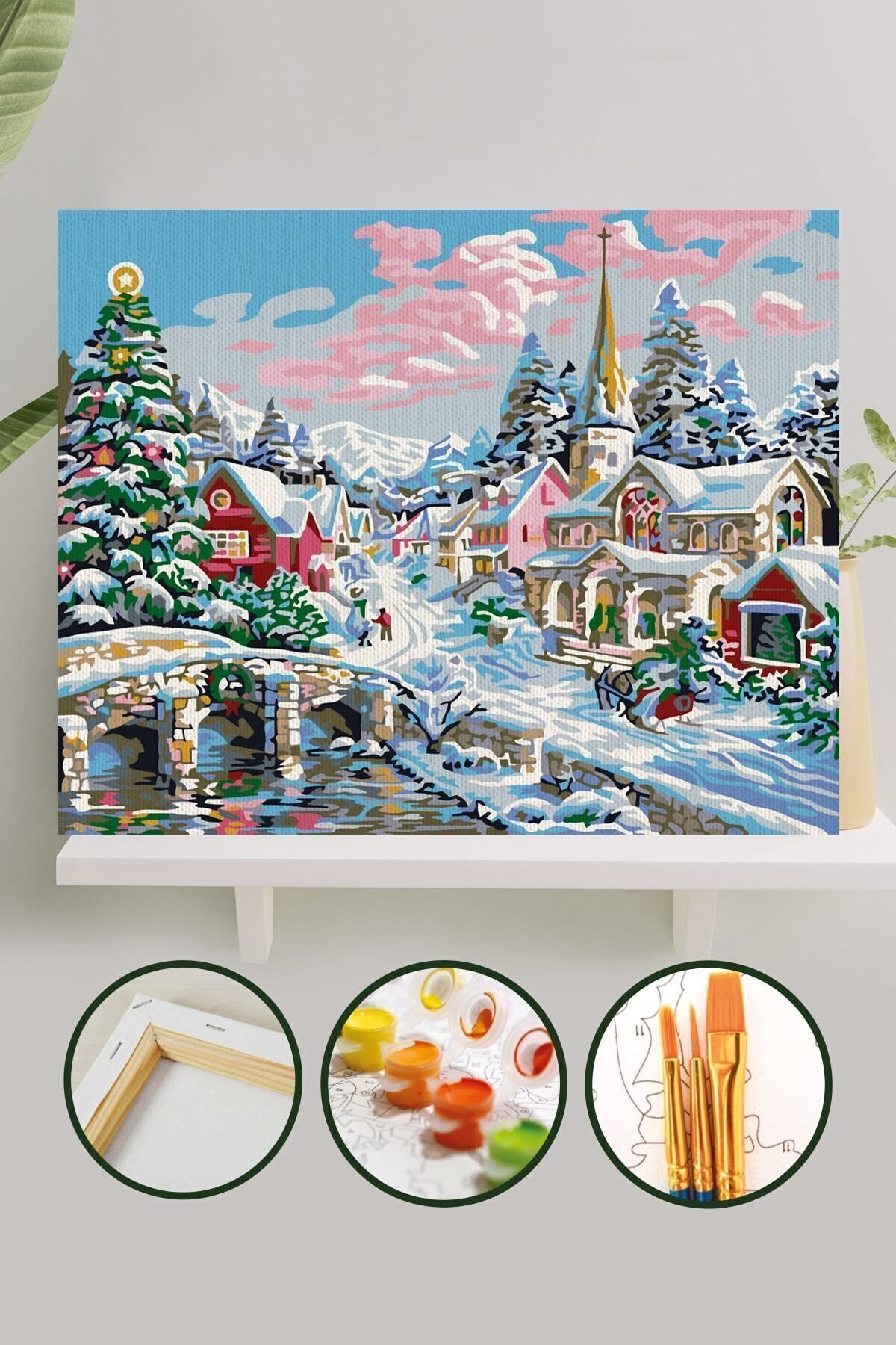 Sayılarla Boyama Tuval Seti Fırça Boya Dahil Çıtalı 40x50 cm - Kar Manzarası