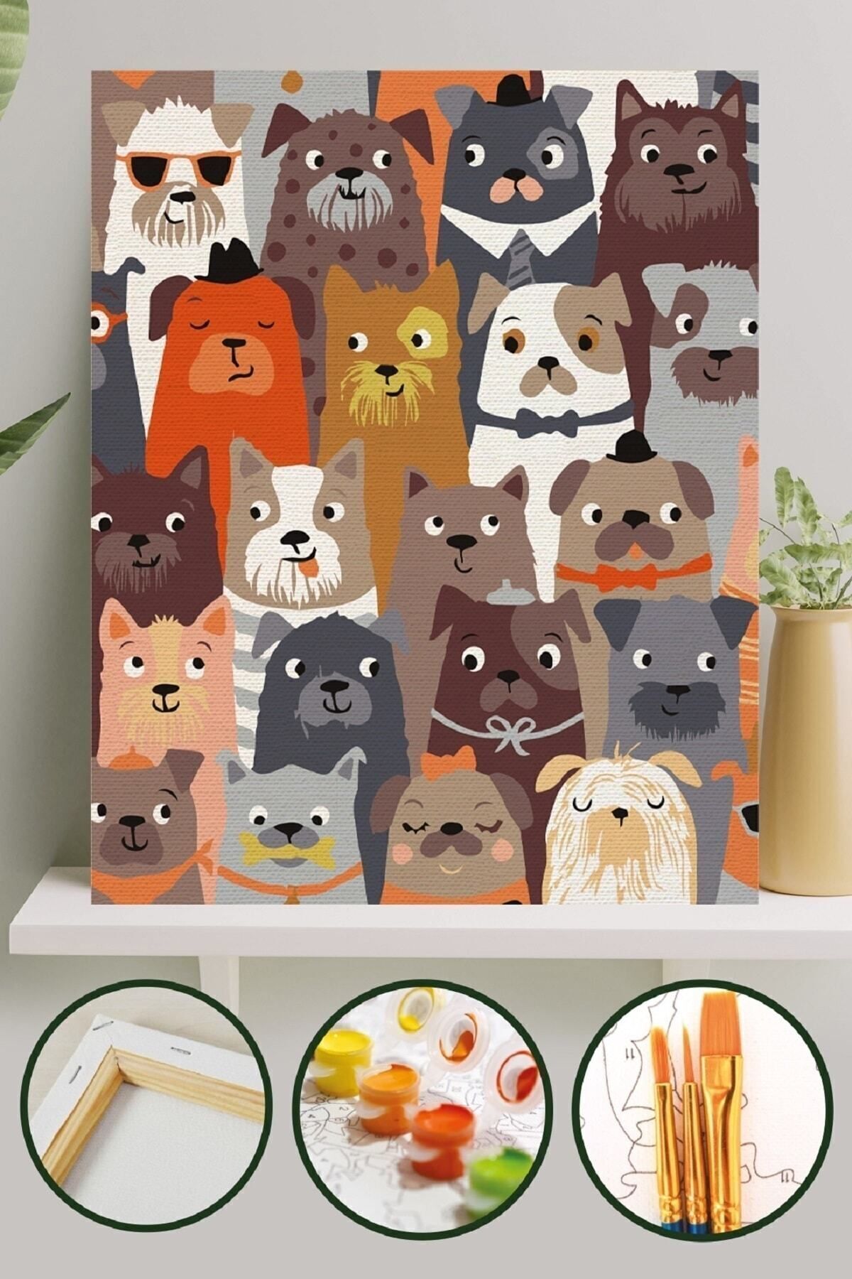 Sayılarla Boyama Tuval Seti Fırça Boya Dahil (çıtalı) 40x50 Cm - Köpekler