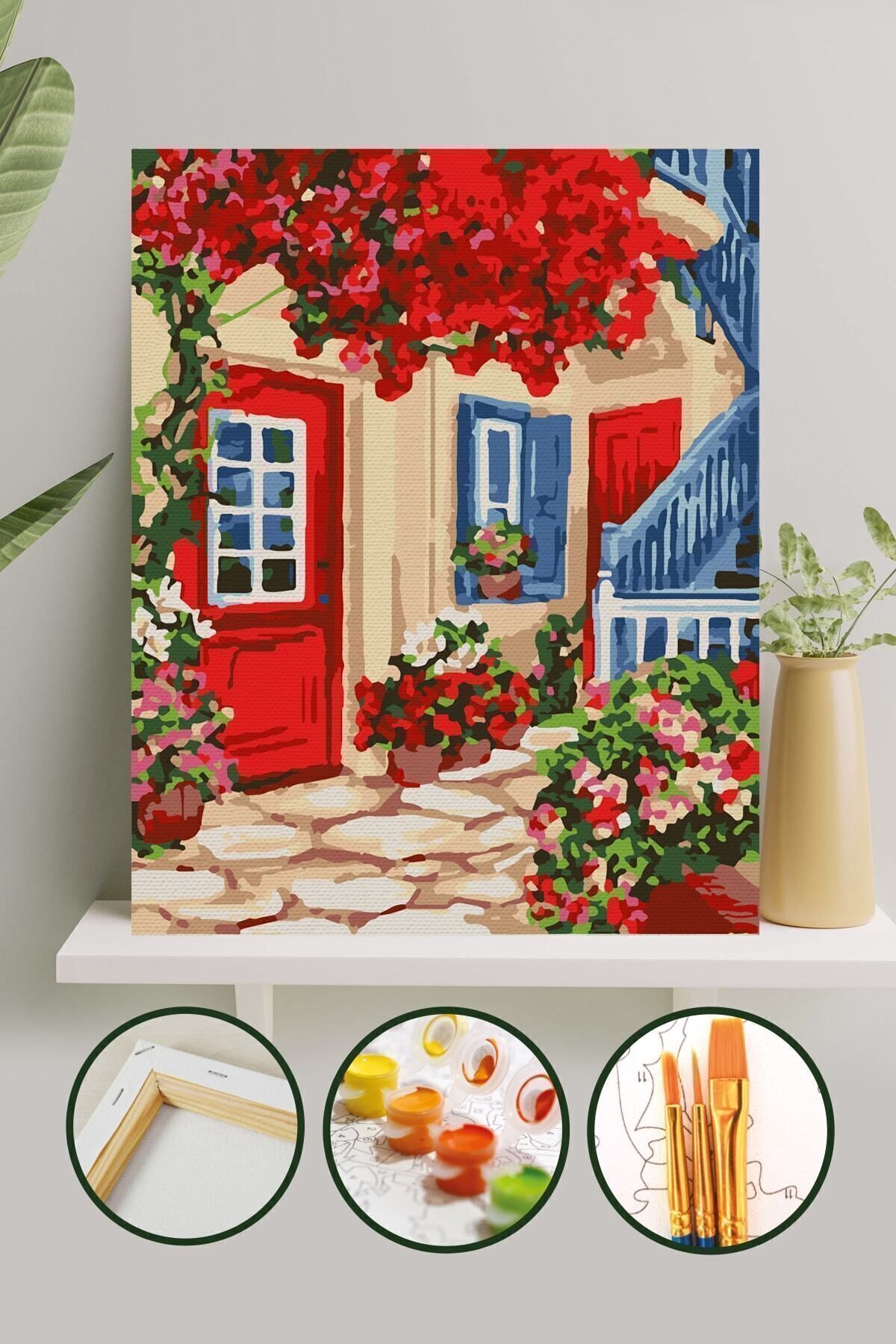 Sayılarla Boyama Tuval Seti Fırça Boya Dahil (Çıtalı) 40x50 CM - Kırmızı Kapı
