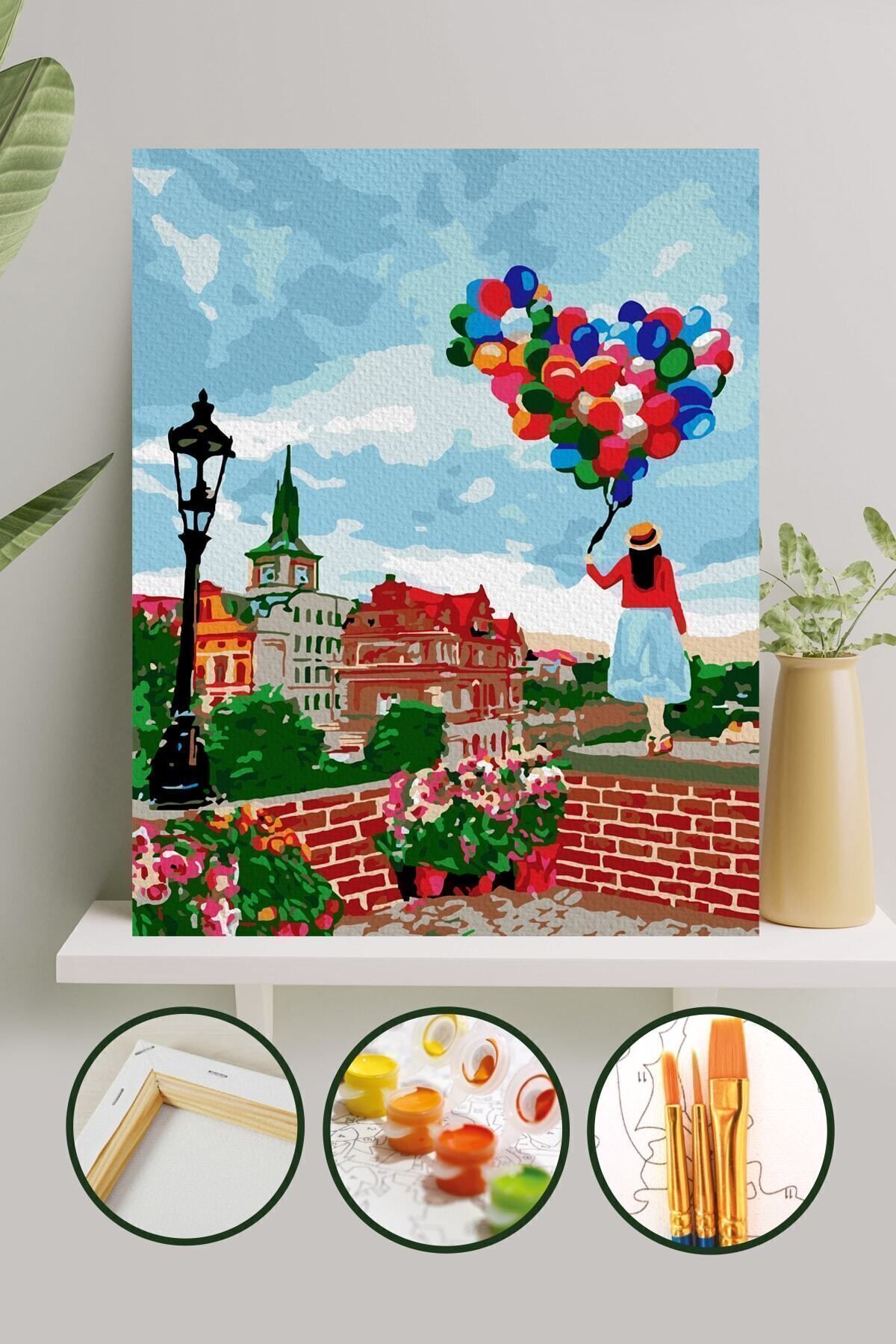 Sayılarla Boyama Tuval Seti Fırça Boya Dahil (Çıtalı) 40x50 CM - Balonlu Kız