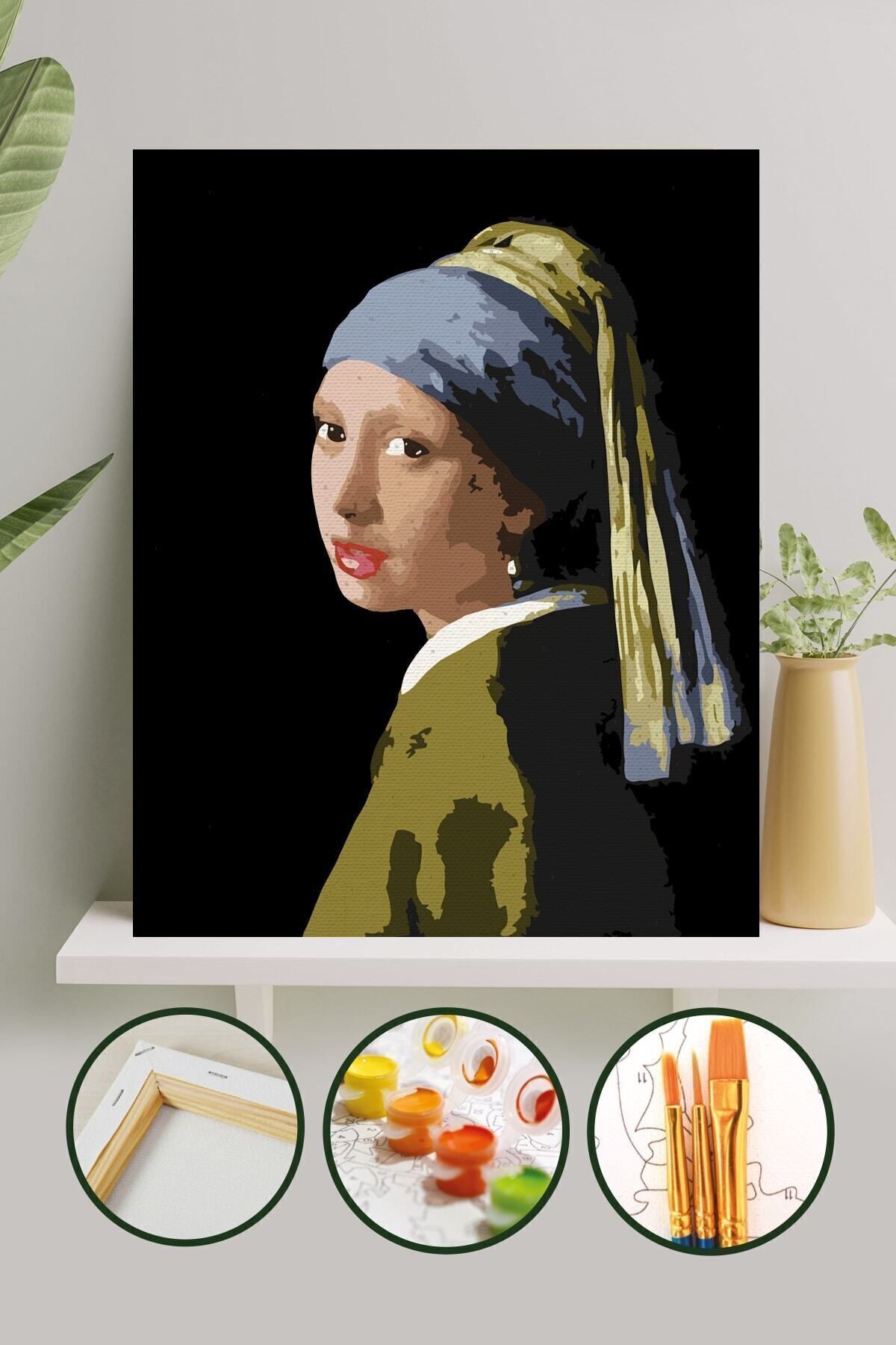 Sayılarla Boyama Tuval Seti Fırça Boya Dahil (Çıtalı) 40x50 CM - İnci Küpeli Kız