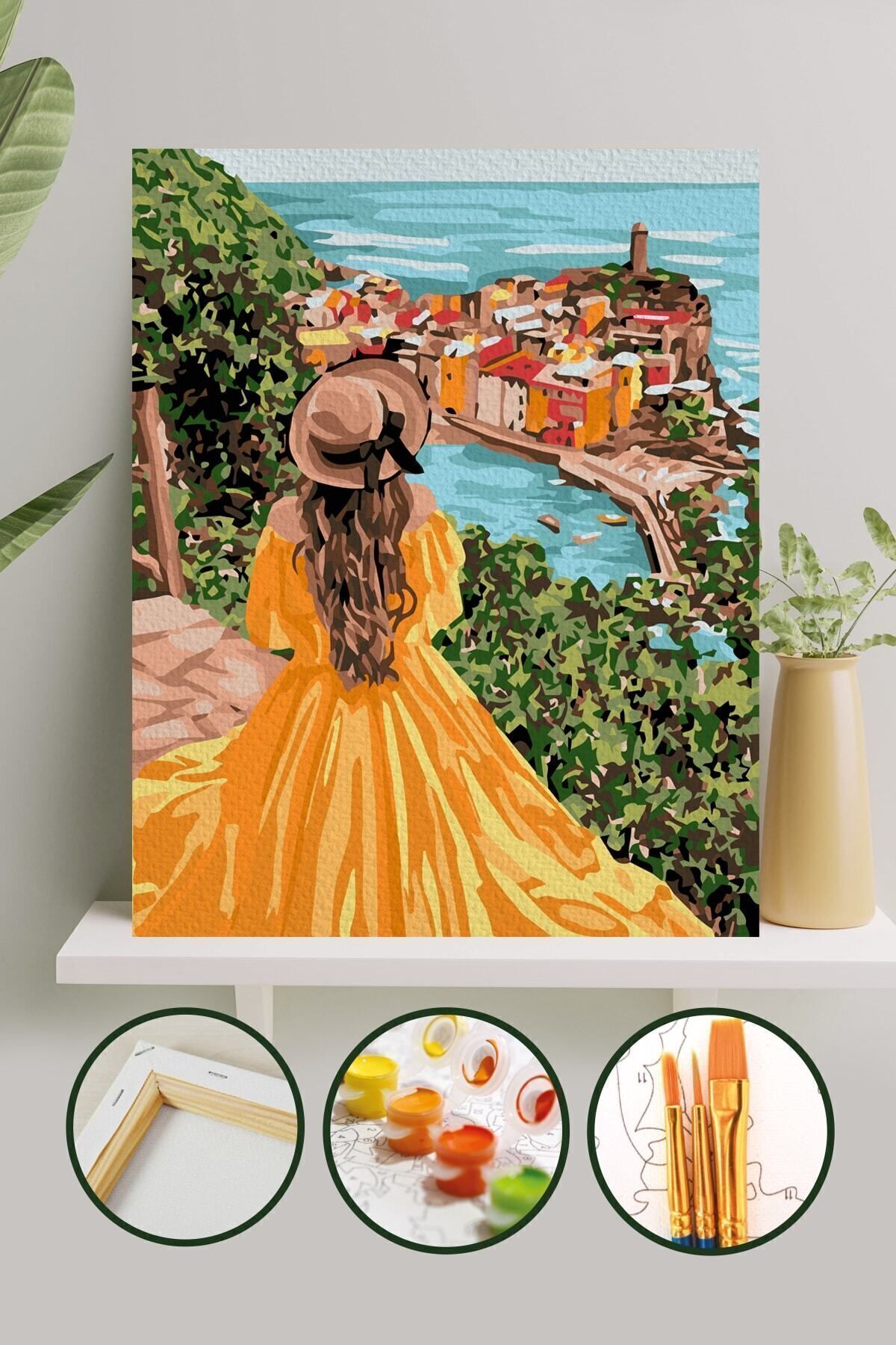 Sayılarla Boyama Tuval Seti Fırça Boya Dahil (Çıtalı) 40x50 CM - Sarı Elbiseli Kız