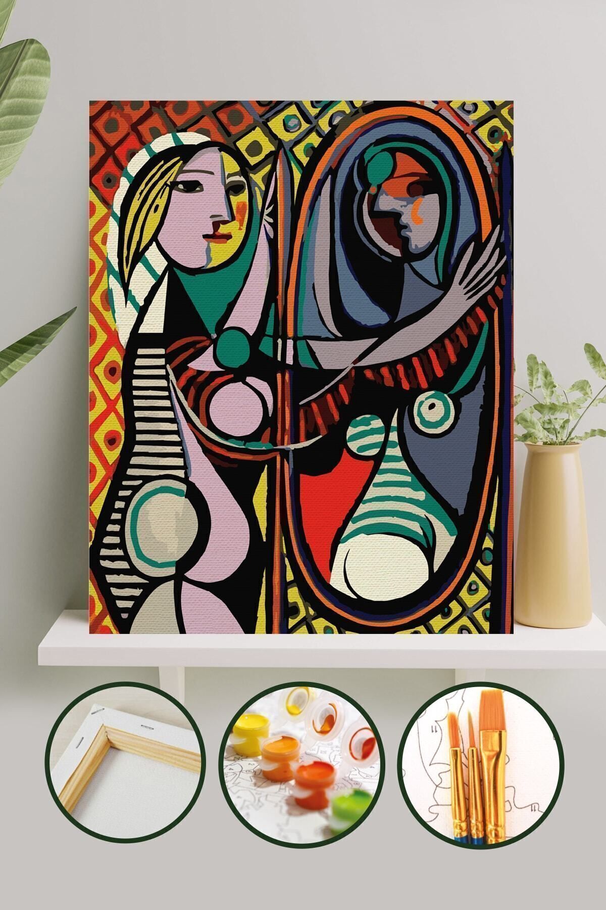 Sayılarla Boyama Tuval Seti Fırça Boya Dahil (Çıtalı) 40x50 CM - Aynadaki Kadın