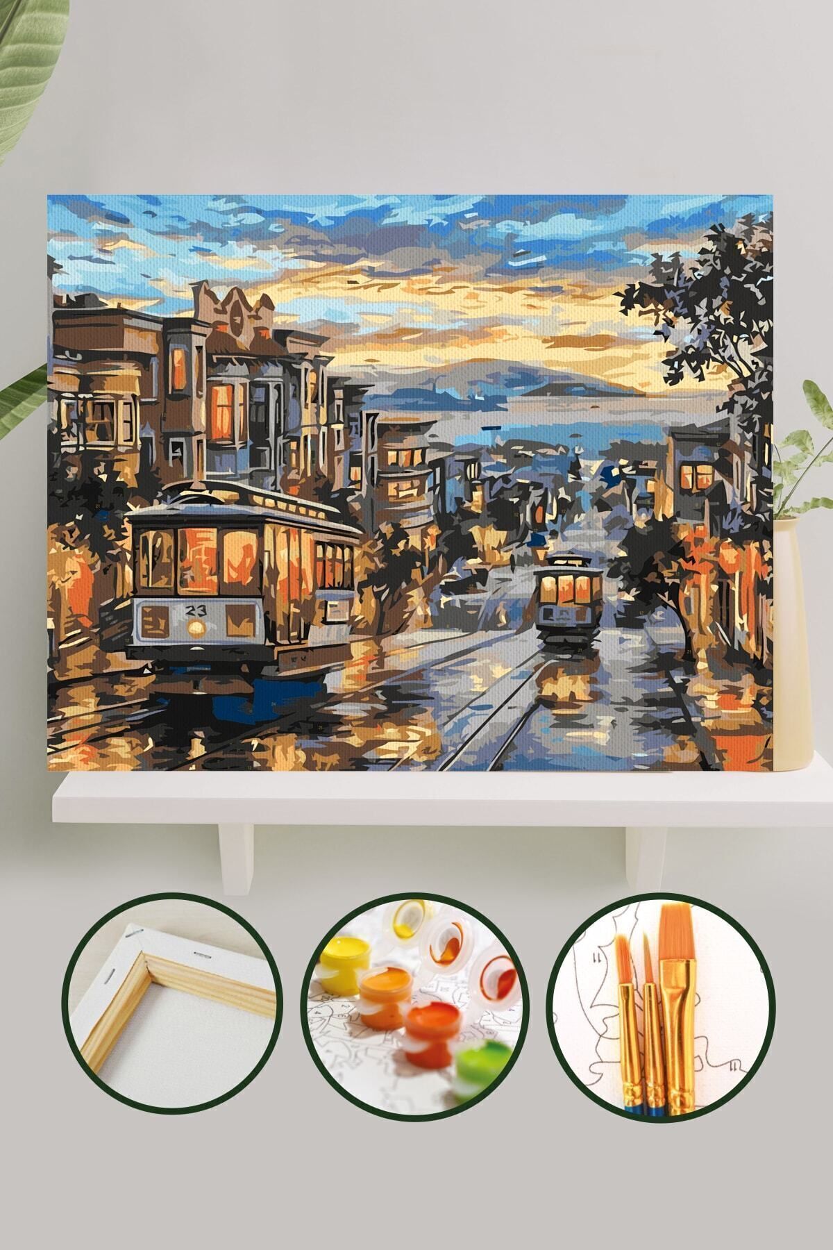 Sayılarla Boyama Tuval Seti Fırça Boya Dahil (Çıtalı) 40x50 CM - Tramvay